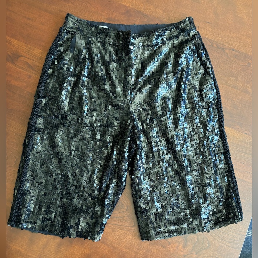 Valentino Roma Designer High End Luxury Black Sequin Catwalk Shorts,Unisex 9”  S